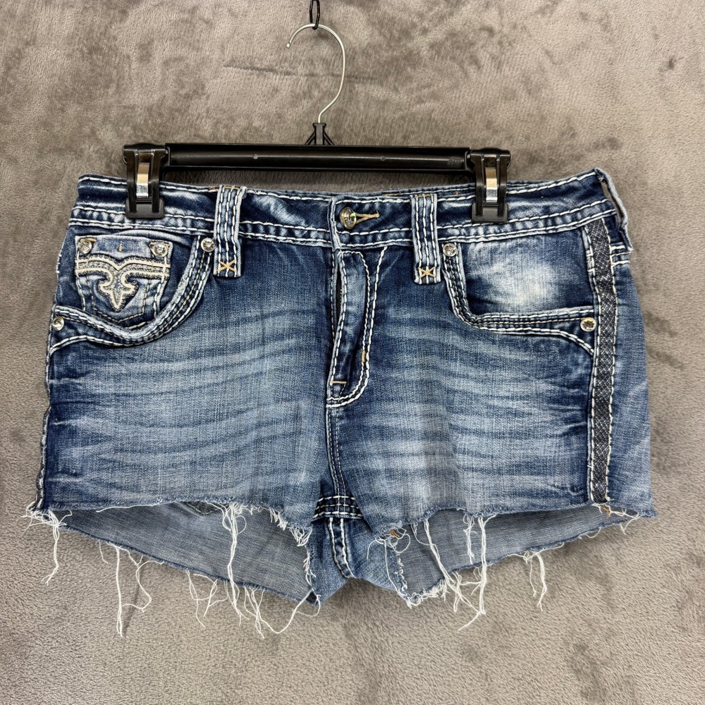 Rock Revival Cyrus Easy Boot Denim Shorts Womens 29 Blue Cut Off Rhinestone Y2K